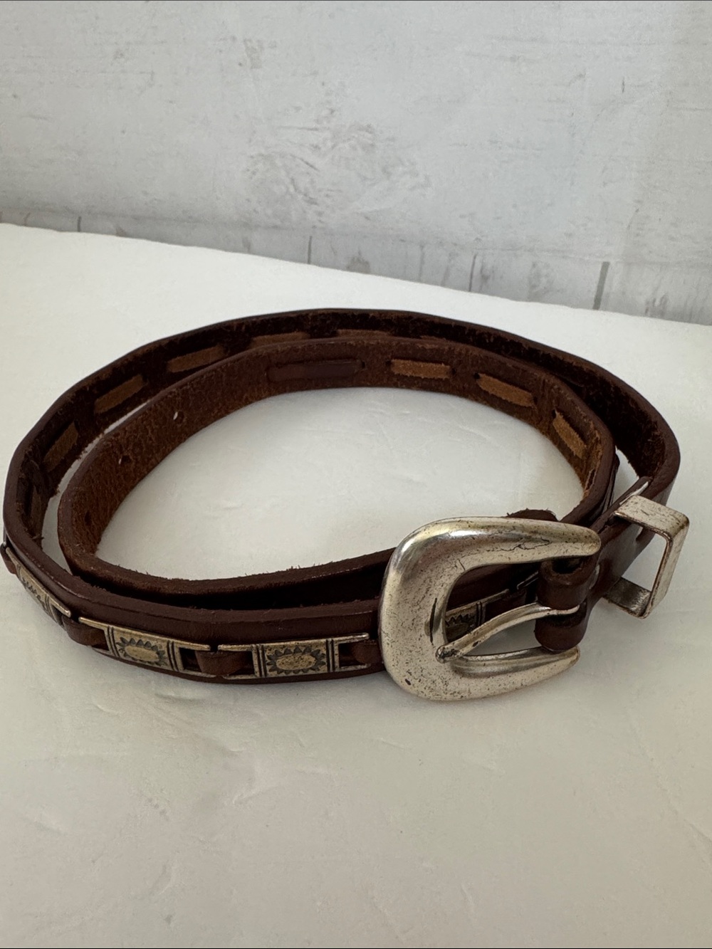 Fossil M Brown Leather Belt Silver Buckle Metal Detailing Southwestern Design